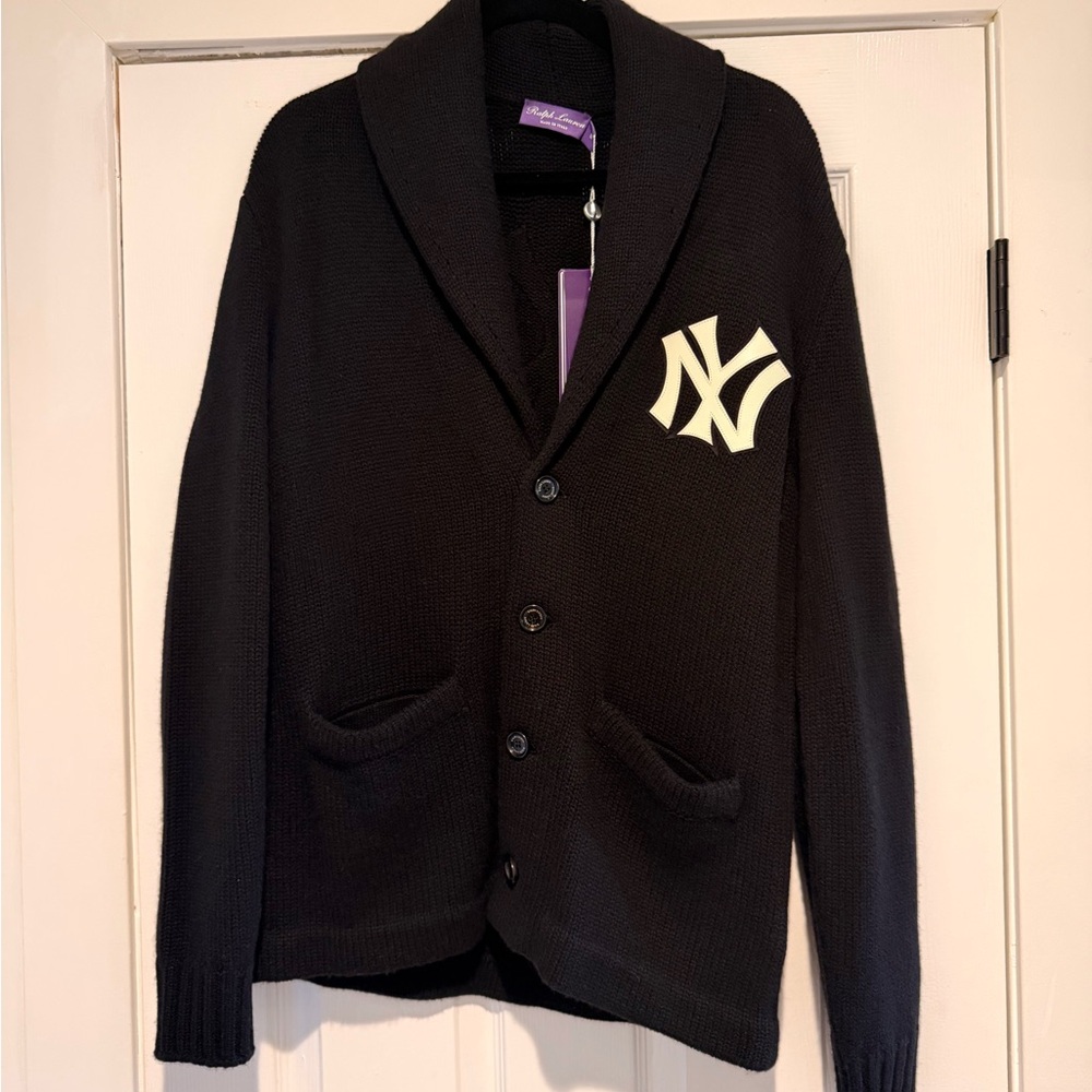 Ralph lauren tan Black Shawl Collar Cardigan with Cream NY Logo